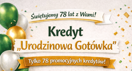 Napis - Świętujemy 78 lat z Wami - Kredyt Urodzinowa gotówka w tle są balony